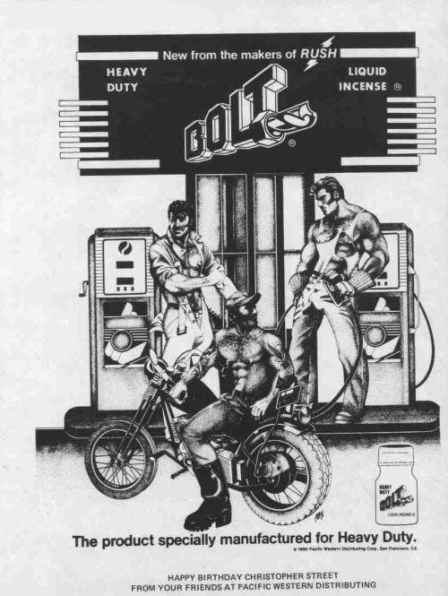 Парни на мотоциклах и байках рекламируют попперс Bolt PWD в журанле Advocate